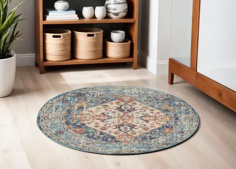 5' Ivory And Blue Oriental Distressed Round Rug