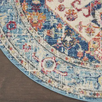 5' Ivory And Blue Oriental Distressed Round Rug