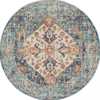 5' Ivory And Blue Oriental Distressed Round Rug