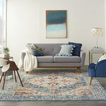7' X 10' Ivory And Blue Oriental Distressed Area Rug