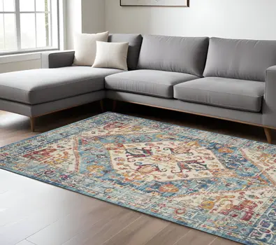 7' X 10' Ivory And Blue Oriental Distressed Area Rug