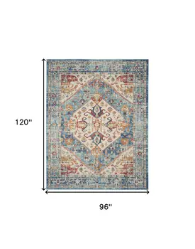 8' X 10' Ivory And Blue Oriental Distressed Area Rug