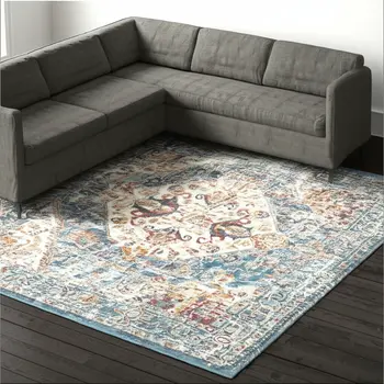 8' X 10' Ivory And Blue Oriental Distressed Area Rug