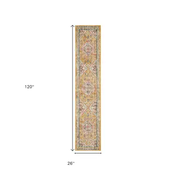 10' Yellow And Ivory Medallion Runner Rug