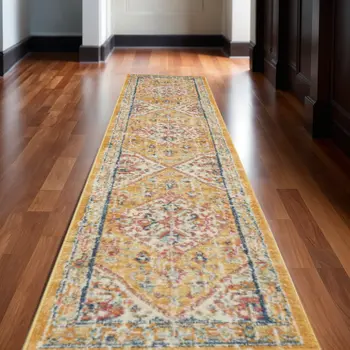 10' Yellow And Ivory Medallion Runner Rug
