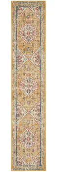10' Yellow And Ivory Medallion Runner Rug