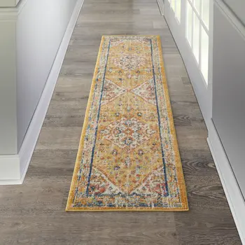 8' Yellow And Ivory Medallion Runner Rug