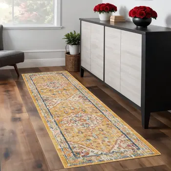 8' Yellow And Ivory Medallion Runner Rug
