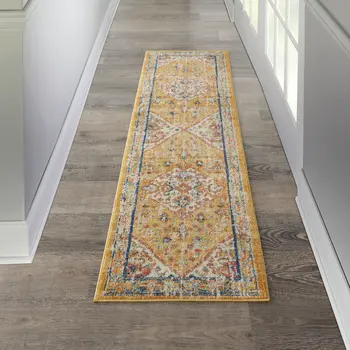8' Yellow And Ivory Medallion Runner Rug