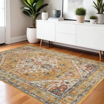 4' X 6' Yellow And Ivory Medallion Area Rug