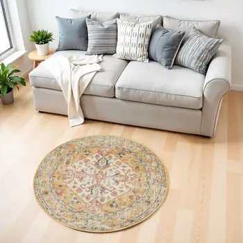 4' Yellow And Ivory Medallion Round Rug