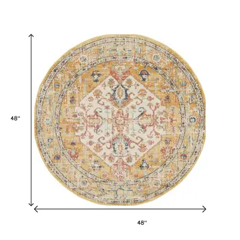 4' Yellow And Ivory Medallion Round Rug