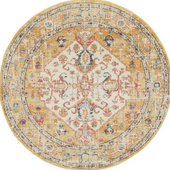 4' Yellow And Ivory Medallion Round Rug