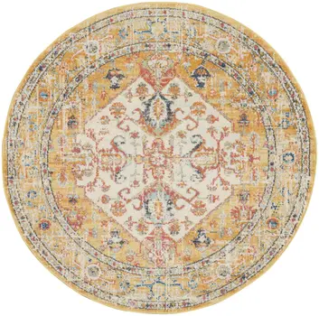 5' Yellow And Ivory Floral Medallion Round Rug