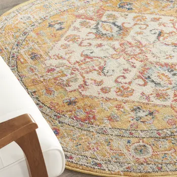 5' Yellow And Ivory Floral Medallion Round Rug
