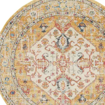 5' Yellow And Ivory Floral Medallion Round Rug