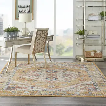 7' X 10' Yellow And Ivory Medallion Area Rug