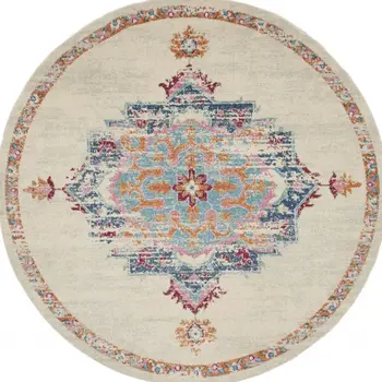 8' Gray And Ivory Medallion Distressed Round Rug