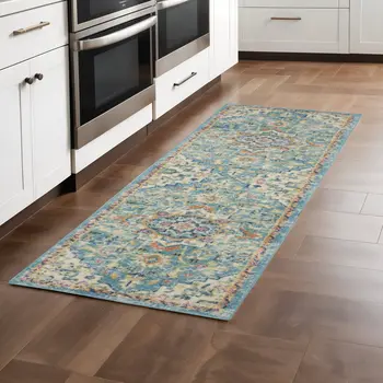 8' Ivory And Blue Oriental Distressed Runner Rug