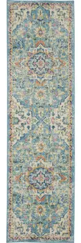 8' Ivory And Blue Oriental Distressed Runner Rug