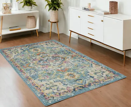 4' X 6' Ivory And Blue Oriental Distressed Area Rug