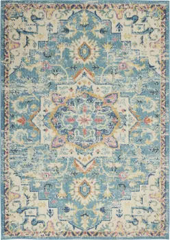 5' X 7' Ivory And Blue Oriental Distressed Area Rug