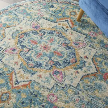 5' Ivory And Blue Oriental Distressed Round Rug
