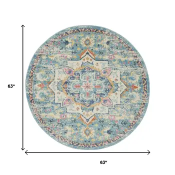 5' Ivory And Blue Oriental Distressed Round Rug