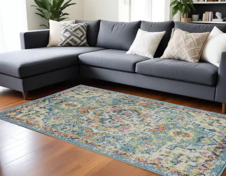 7' X 10' Ivory And Turquoise Oriental Distressed Area Rug