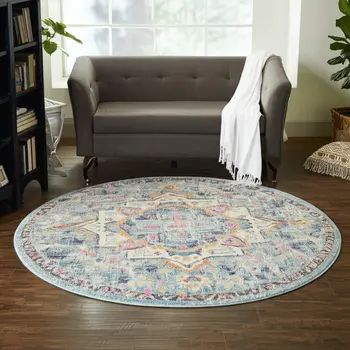 8' Ivory And Blue Oriental Distressed Round Rug