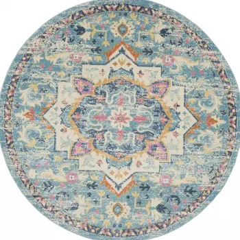 8' Ivory And Blue Oriental Distressed Round Rug