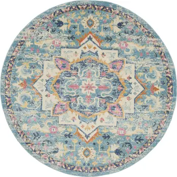 8' Ivory And Blue Oriental Distressed Round Rug