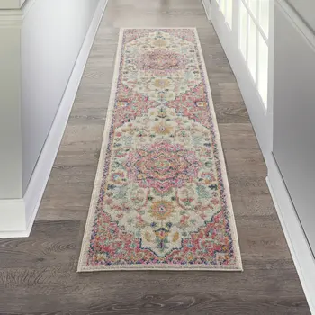 6' Pink And Ivory Southwestern Distressed Runner Rug