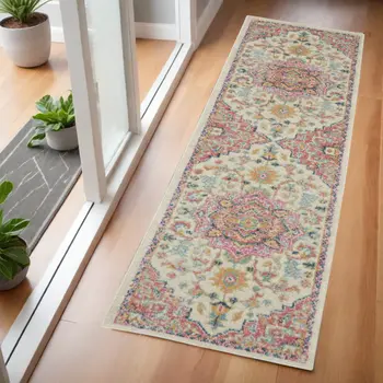 6' Pink And Ivory Southwestern Distressed Runner Rug