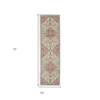 6' Pink And Ivory Southwestern Distressed Runner Rug
