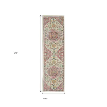 8' Pink And Ivory Southwestern Distressed Runner Rug