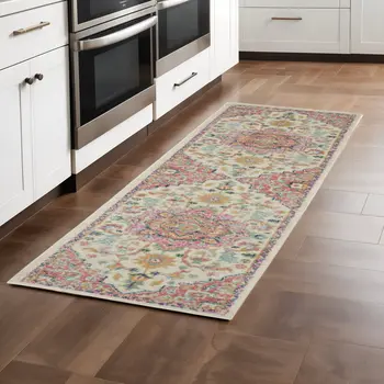 8' Pink And Ivory Southwestern Distressed Runner Rug