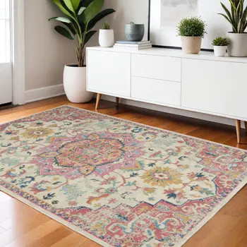 4' X 6' Pink And Ivory Southwestern Distressed Area Rug