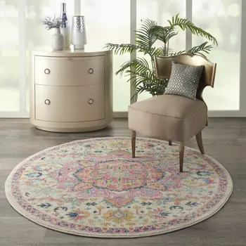 5' Pink And Ivory Southwestern Distressed Round Rug