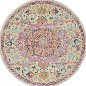 5' Pink And Ivory Southwestern Distressed Round Rug