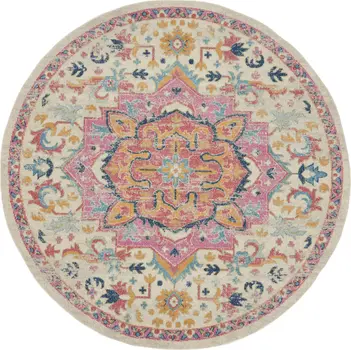 8' Pink And Ivory Southwestern Distressed Round Rug