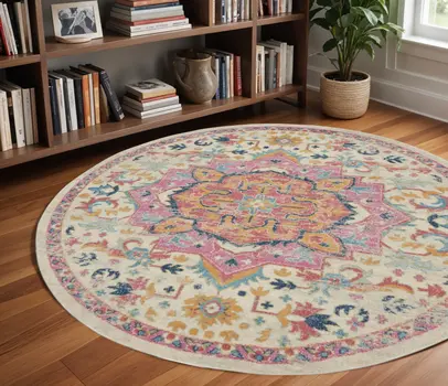8' Pink And Ivory Southwestern Distressed Round Rug