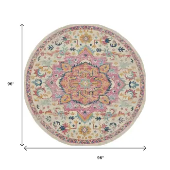 8' Pink And Ivory Southwestern Distressed Round Rug