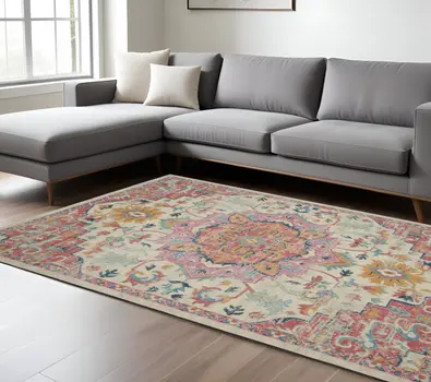 8' X 10' Pink And Ivory Southwestern Distressed Area Rug