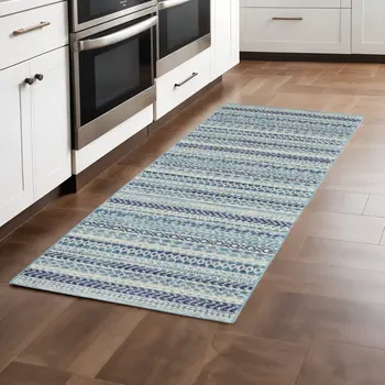 8' Navy Blue And Ivory Southwestern Runner Rug