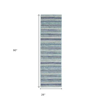 8' Navy Blue And Ivory Southwestern Runner Rug