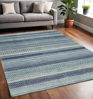 5' X 7' Navy Blue And Ivory Southwestern Area Rug