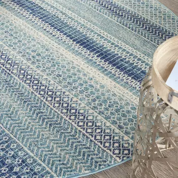 5' Navy Blue And Ivory Southwestern Round Rug