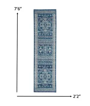 8' Navy Blue And Ivory Tribal Runner Rug