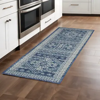 8' Navy Blue And Ivory Tribal Runner Rug
